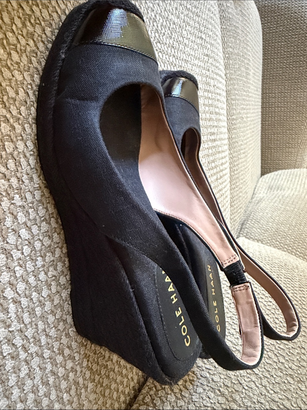 Cole Haan Black Canvas Wedge Slingback with Patent Black Toe Caps